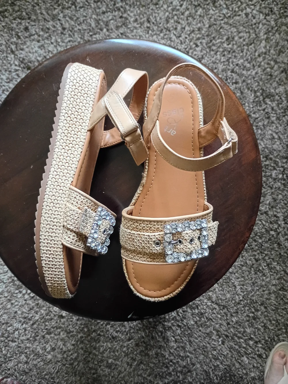 Beige Woven Platform Sandals with Rhinestone Buckle